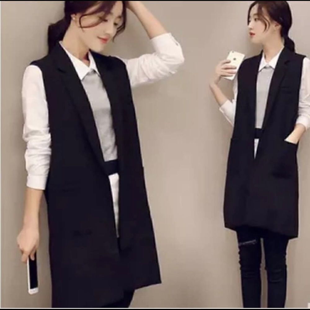 Katherine Barclay Montreal black open front sleeveless long line blazer XS